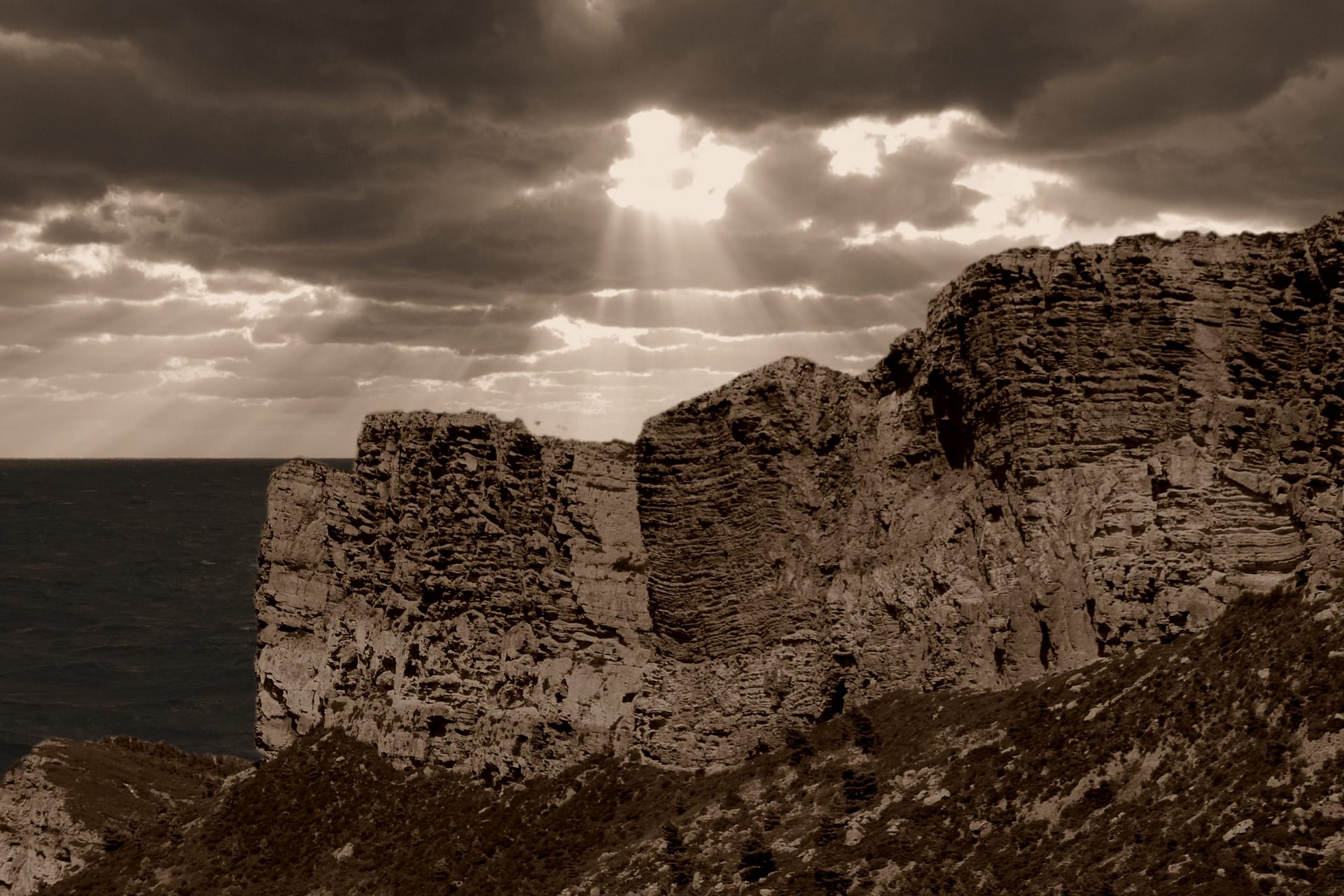 Rockforms with sunset in Sepia